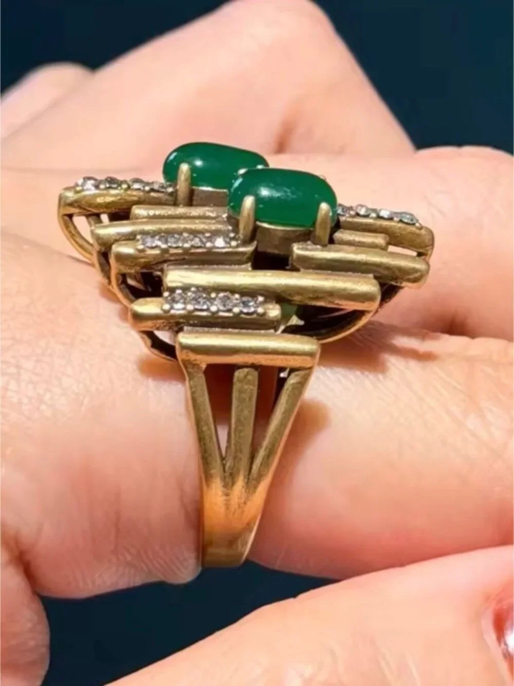 Vintage Gold-Tone Green Stone Statement Ring by